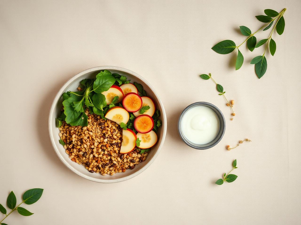 A wholesome nourishing bowl with grains, greens, fruit and yogurt on a cream background